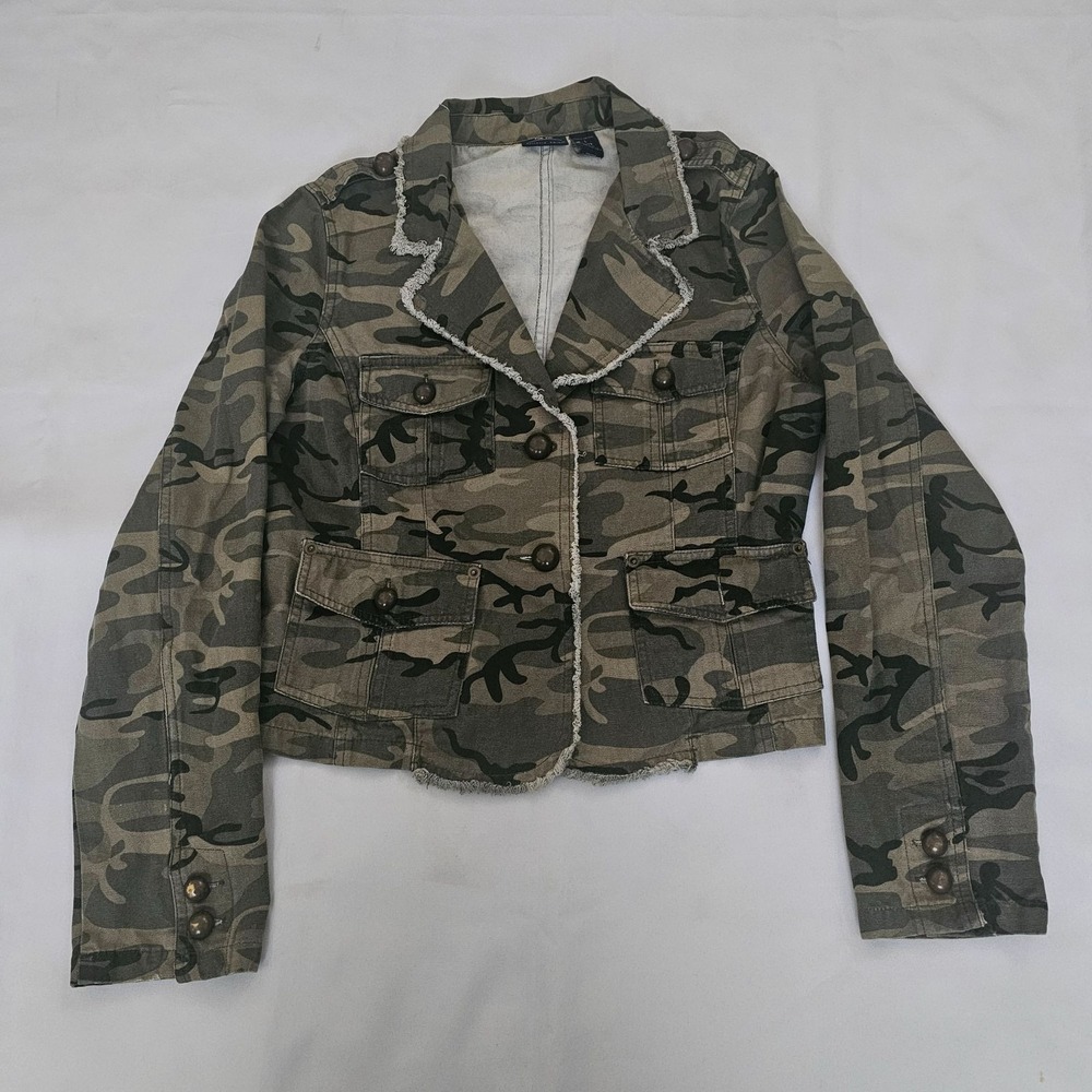 Bailey's Point Camo Print Frayed Trim Buttoned Pockets Jean Jacket Size L (11/13 - Picture 3 of 16